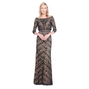 NWT Tadashi Shoji Merida Off The Shoulder Gown In Black Beige Sequins Size 4